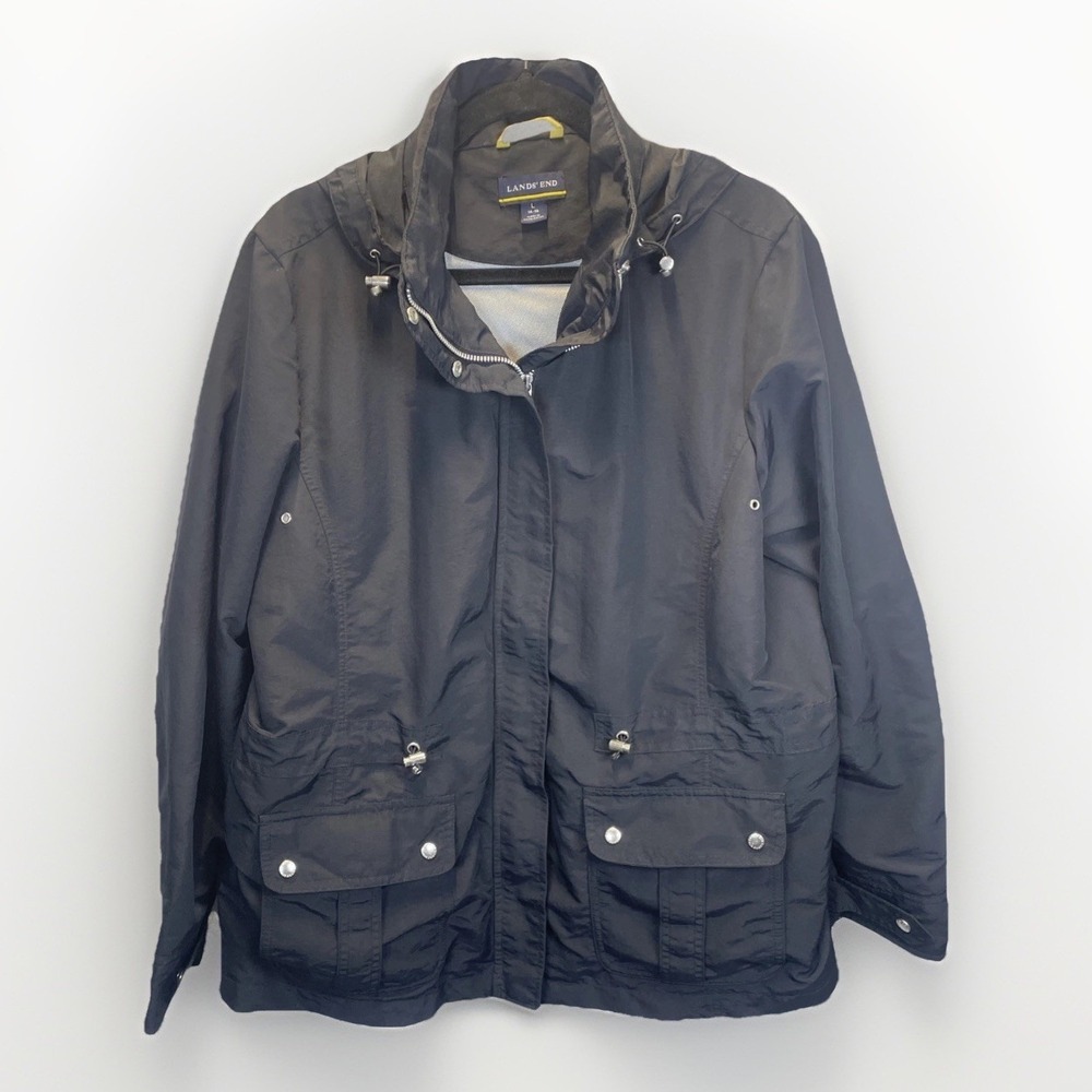Lands End Women's Hooded Rain Gear Jacket L 14-16 Full Zip & Snap Nylon Pockets